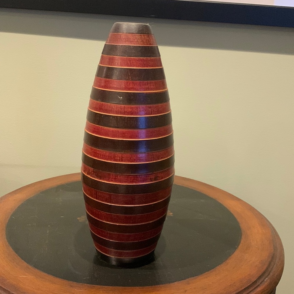 Metal striped vase. 14 inches, tall, 6 inches wide.
